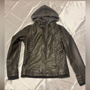 Mo-Ka by Santa Fe Apparel Miriam knit hood feux leather‎ jacket Size Small
